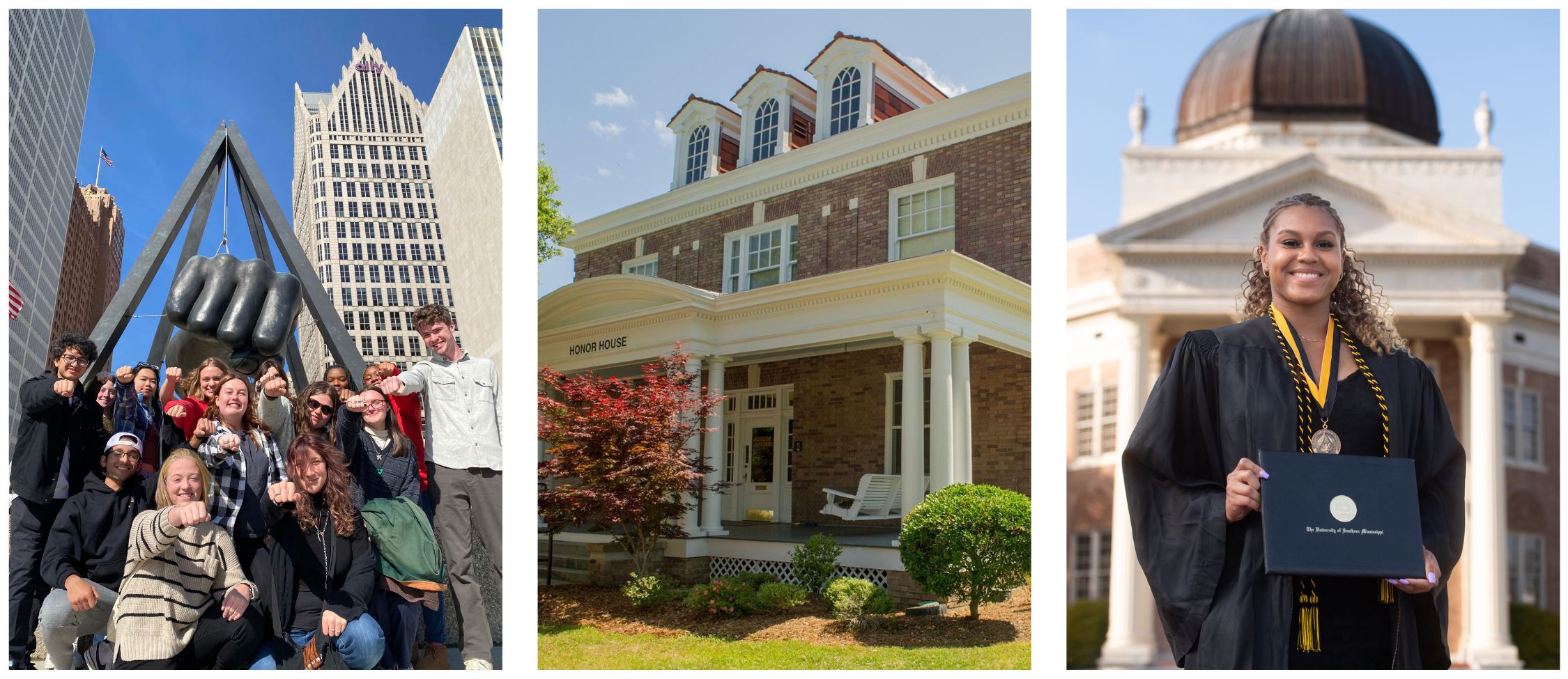 left to right: southern miss students in city, honor house, honors graduate in front of building