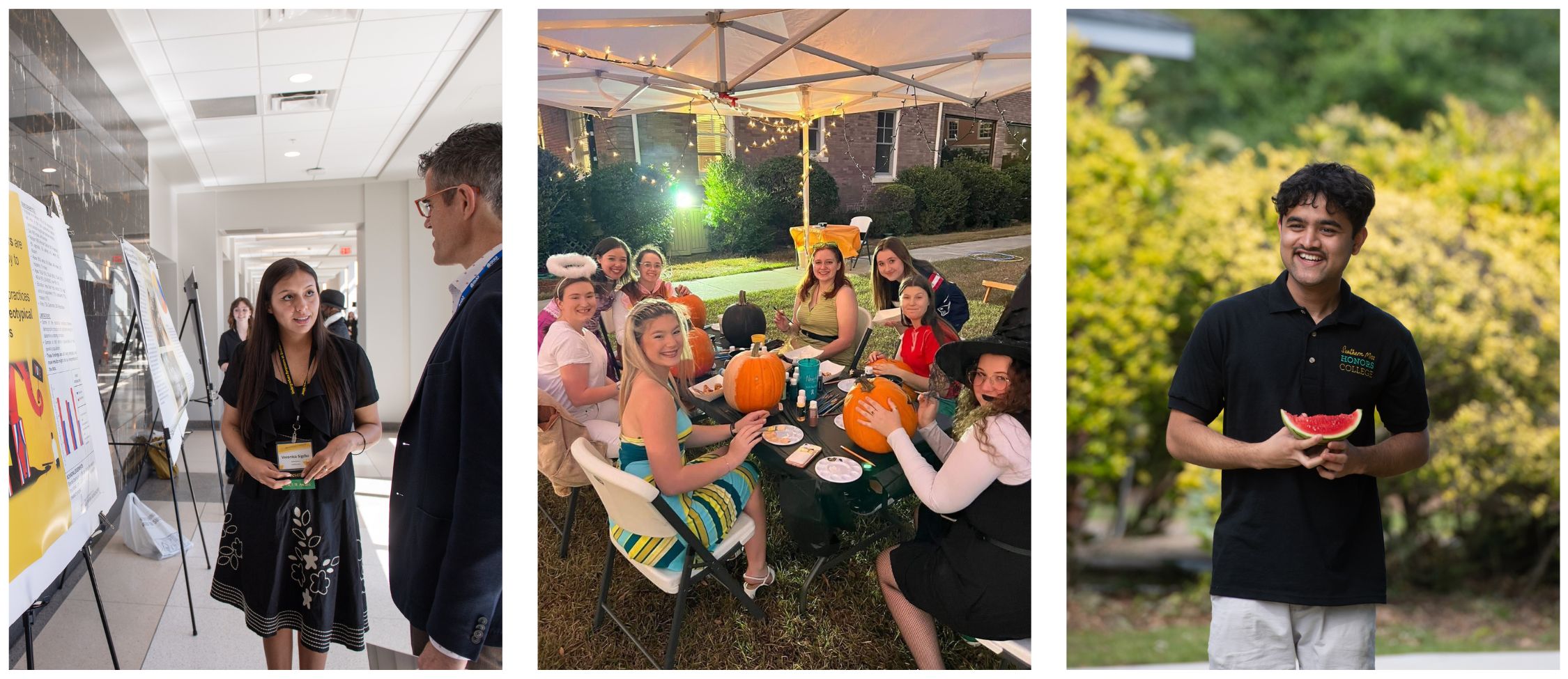 Left to right: student presenting research at symposium, honors students painting pumpkins, honors student holding watermelon