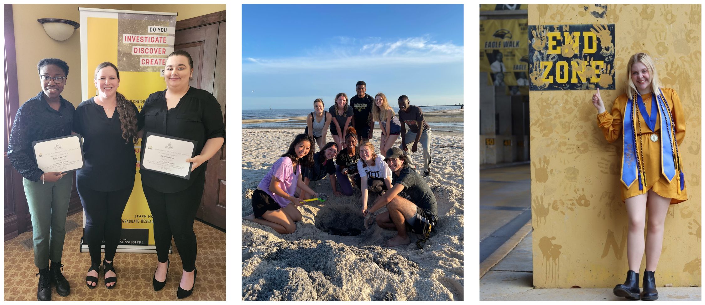 Three images of Honors students Images from left to right: Honors Students holding awards; Honors students on the beach; Honors student standing on the Eagle Walk