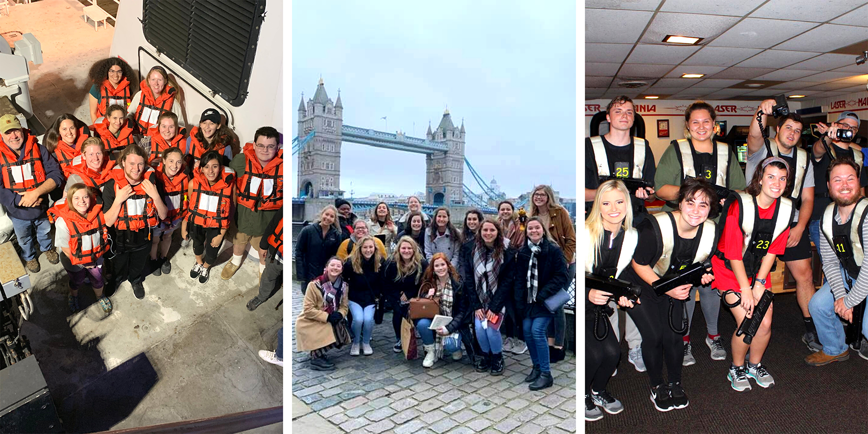 Left to right: group of students in life vests, group of honors students standing in front of the Tower of London, group of honors students on active learning trip at laser mania