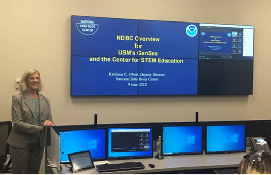 At every stop, like here in the Mission Control room of the NOAA National Data Buoy Center at Stennis, Mississippi teachers got red carpet treatment as they learned about the myriad of blue economy career options for their students. (Photo by Tara Skelton)