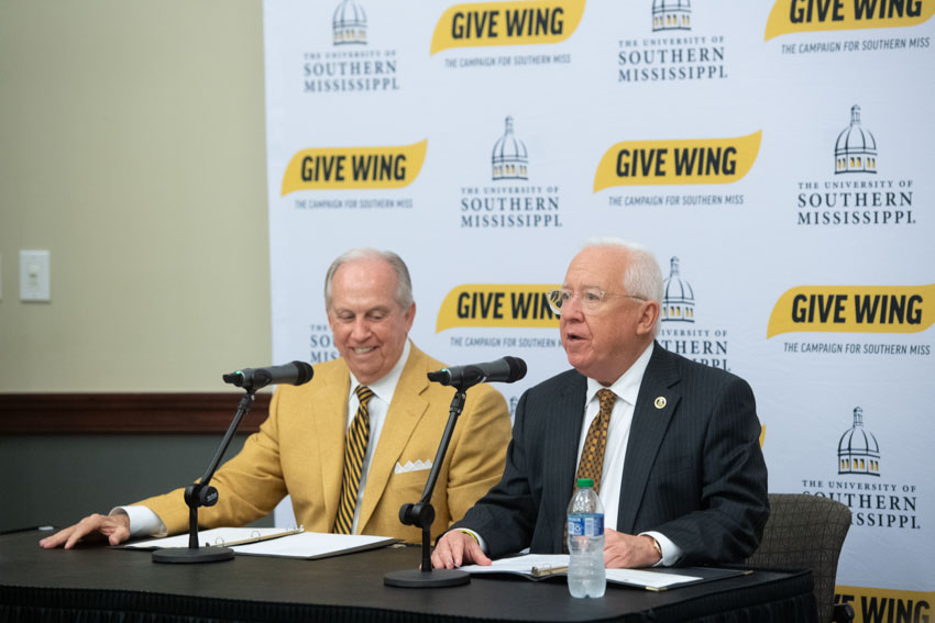 USM President Joseph S. Paul, right, and Joe Quinlan, chair of the USM Foundation Board of Directors and Give Wingcampaign chair, made the announcement. (Photo by Kelly Dunn, USM Photo Services) Give Wing
