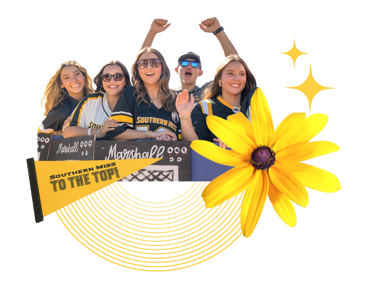 students and a flower graphic