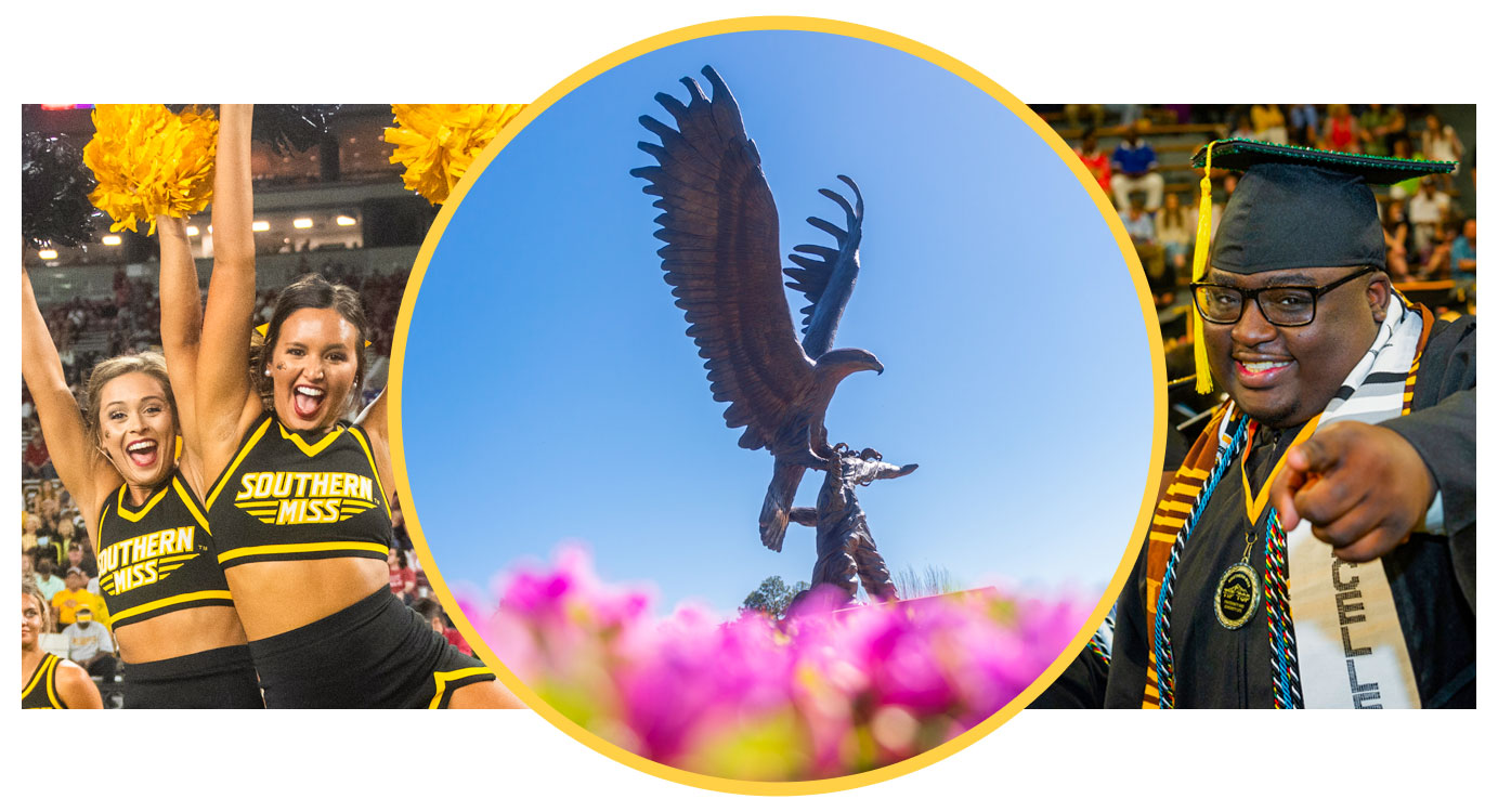 collage featuring the lofty statue, cheerleaders, and a graduating student